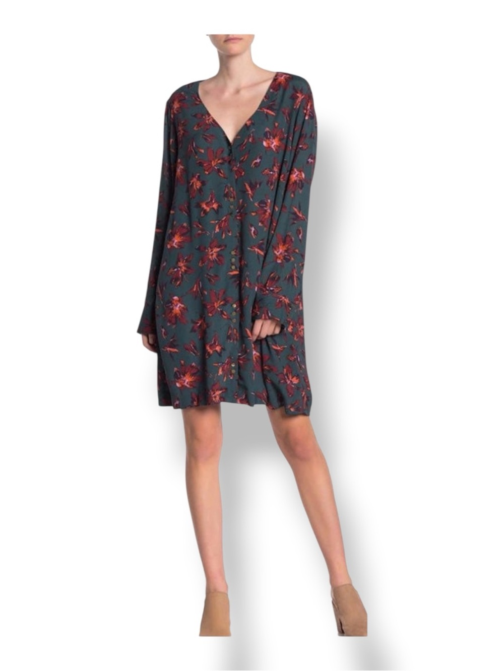Madewell Women’s Long Sleeve Button-Front Easy Tunic Dress Dark Green Floral XL